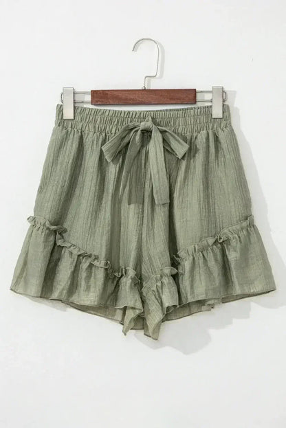 Laurel Green Textured Tie Waist Ruffle Hem Shorts