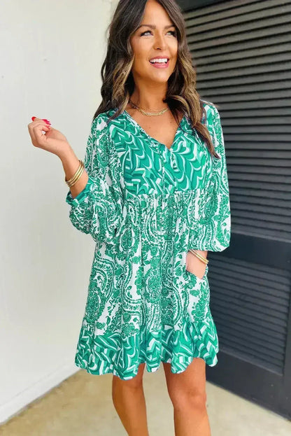 Green Bohemian Print Puff Sleeve Tied V Neck Flared Mini Dress