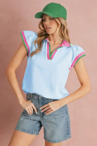 Beau Blue Color Collared V Neck Ruffle Sleeve Blouse | Femstylo
