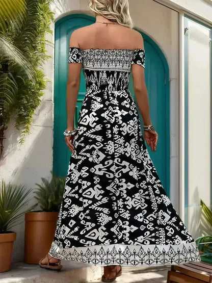 Off-Shoulder Slit Dress - Flowy Viscose Dress | Femstylo