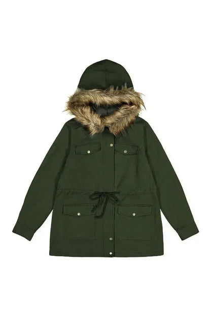 Zipper Snaps Pocket Plush Hooded Parka Jacket