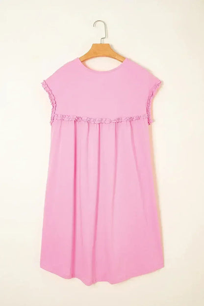 Oatmeal Frilled Trim Crewneck Loose Fit Mini Dress