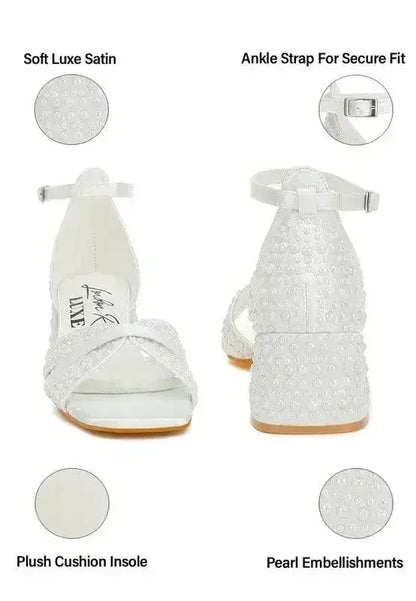 Pearl Bridal Sandals - Low Heel Satin Shoes - Wedding Party Comfort