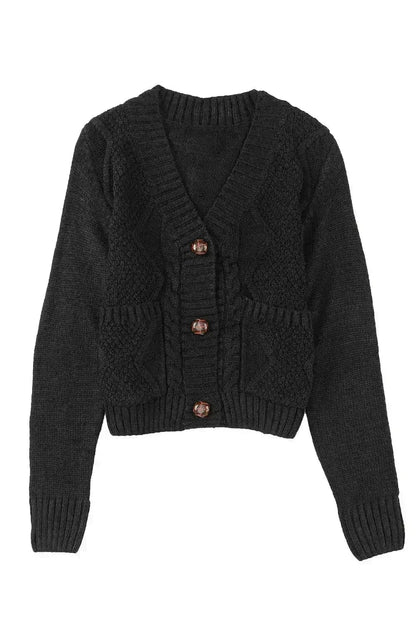 Textured Black Cardigan | Button-Front w/Pockets | Sizes S-3XL