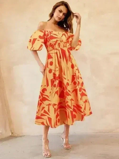 Printed Off-Shoulder Balloon Sleeve Dress