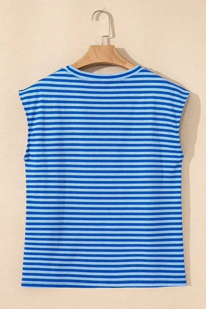 Black Stripe Ribbed Cap Sleeve Round Neck T Shirt