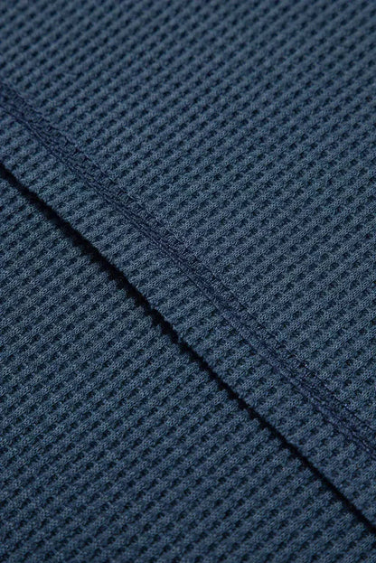 Blue Exposed Seam Drop Sleeve V Neck Waffle Textured Top