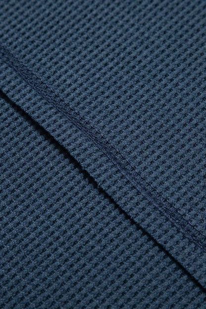 Blue Exposed Seam Drop Sleeve V Neck Waffle Textured Top