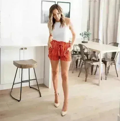 Multi-striped Tie-front High Paperbag Waist Woven Pull-on Shorts