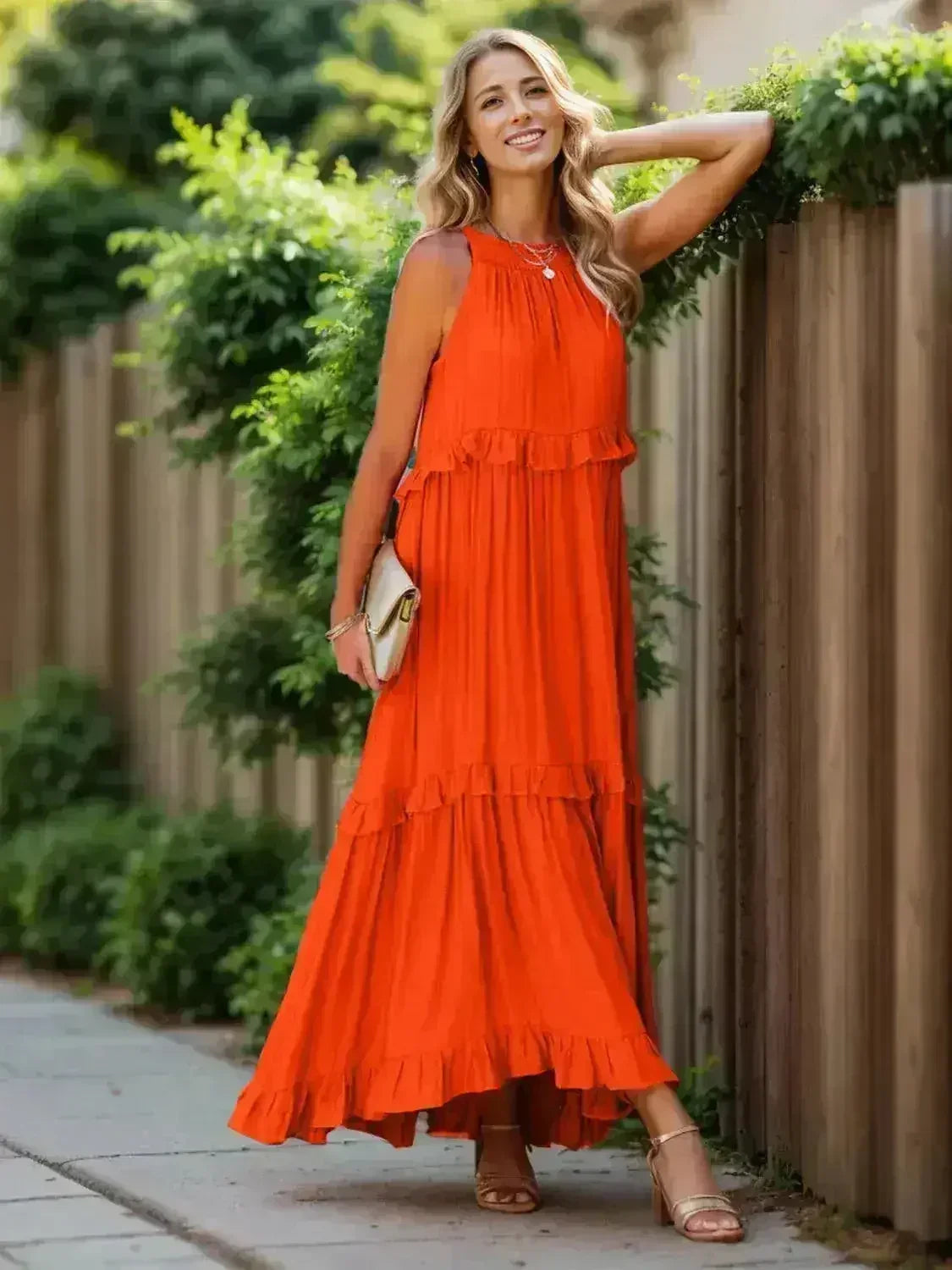 Ruffled Sleeveless Tiered Maxi Dress with Pockets