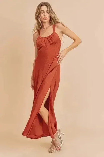Ruched Cutout Back Maxi Dress | Elegant Slit Cami Dress - Femstylo