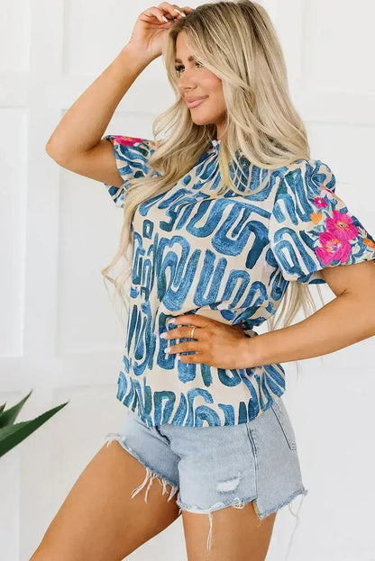 Beige Embroidered Puff Sleeve Frilled Neck Printed Top | Femstylo