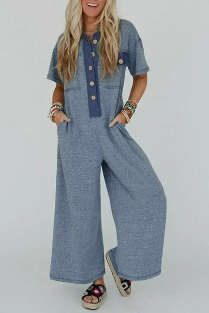 Jet Stream Patchwork Pocket Short Sleeve Jumpsuit