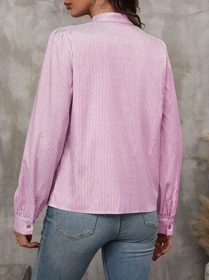 Striped Tie Neck Long Sleeve Blouse – Femstylo