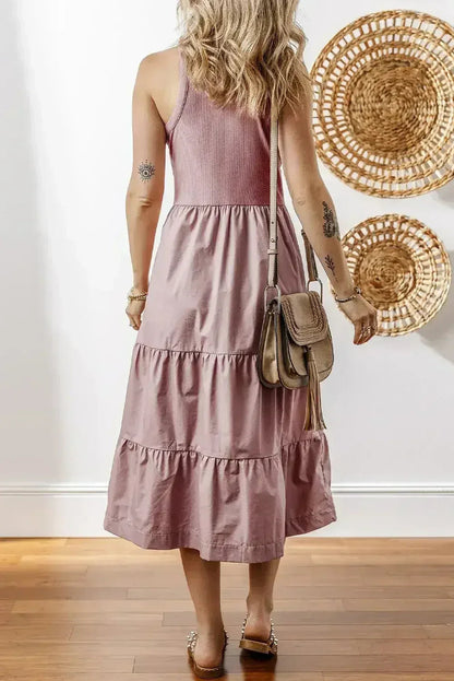 Sepia Rose Ribbed Vest Patchwork Tiered Midi Dress