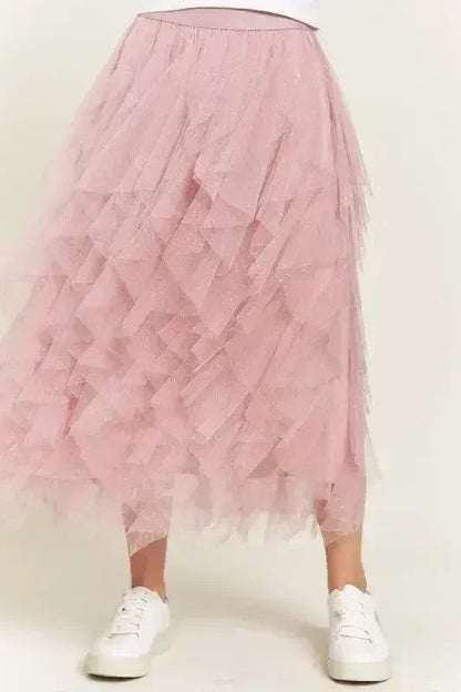 LAYERED POLKA DOT MESH LINED A-LINE MIDI SKIRT