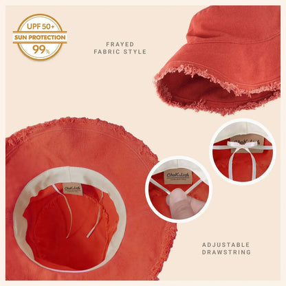 Frayed Bucket Hat - Wide Brim Cotton - UPF 50+ Sun Protection - One Size