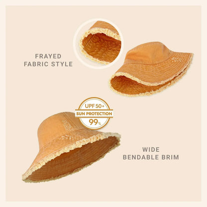 Frayed Bucket Hat - Wide Brim Cotton - UPF 50+ Sun Protection - One Size