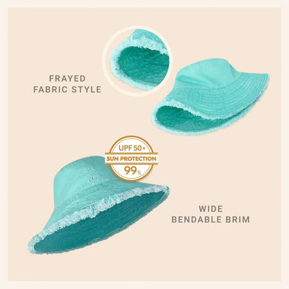 Frayed Bucket Hat - Wide Brim Cotton - UPF 50+ Sun Protection - One Size