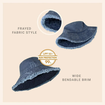 Frayed Bucket Hat - Wide Brim Cotton - UPF 50+ Sun Protection - One Size