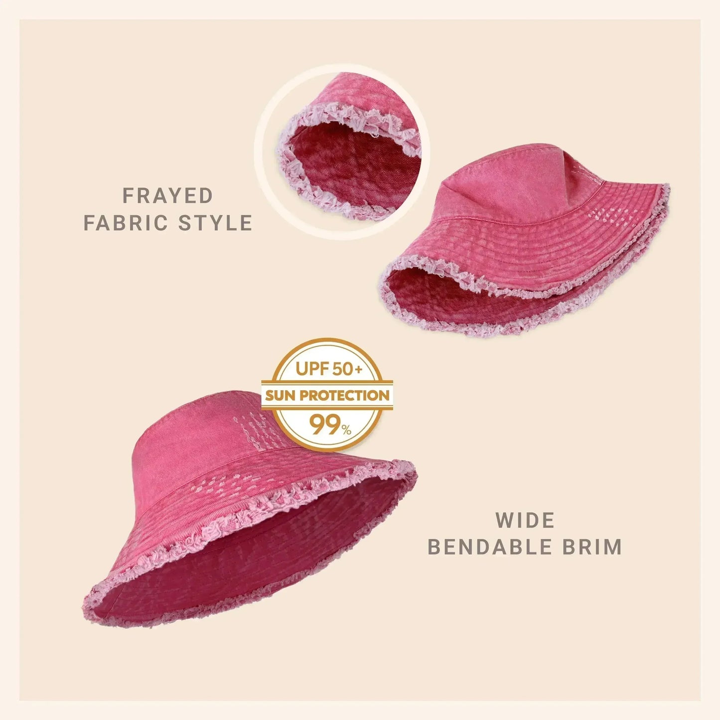 Frayed Bucket Hat - Wide Brim Cotton - UPF 50+ Sun Protection - One Size