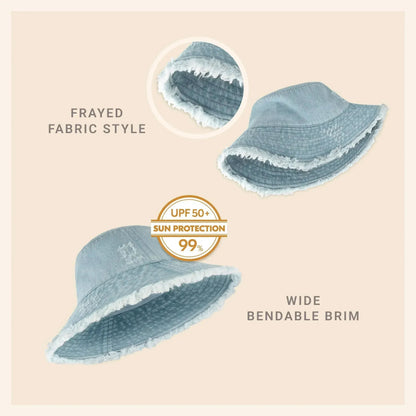 Frayed Bucket Hat - Wide Brim Cotton - UPF 50+ Sun Protection - One Size
