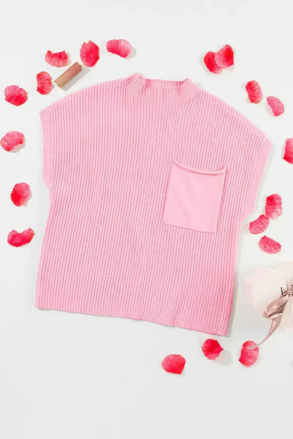 Mineral Red Patch Pocket Ribbed Knit Short Sleeve Sweater