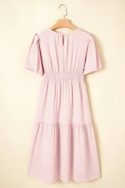Light Blue Puff Sleeve High Waist Flowy Midi Dress