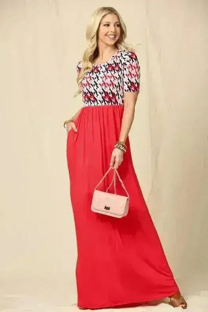 Houndstooth Maxi Dress | Short Sleeve Pocketed Style | Femstylo