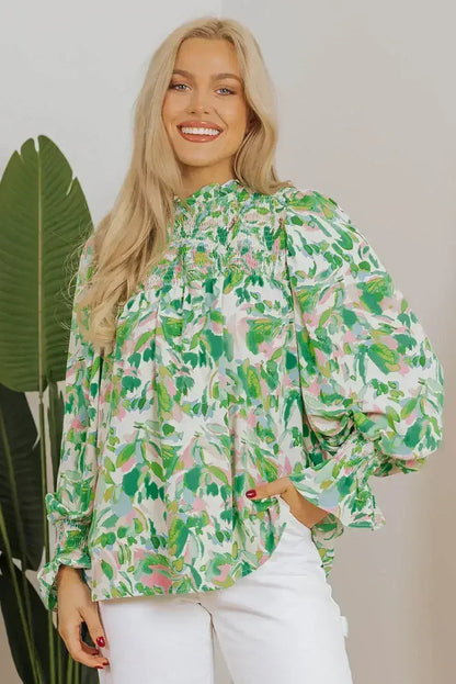 Leaf Print Flounce Sleeve Blouse - Botanical Top | Femstylo