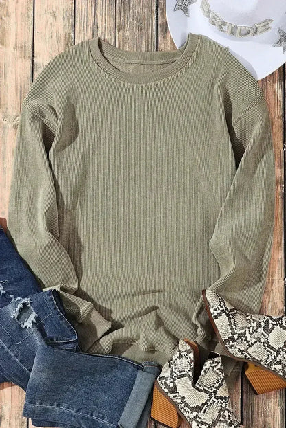Green Ribbed Knit Sweatshirt - Round Neck Pullover | Femstylo
