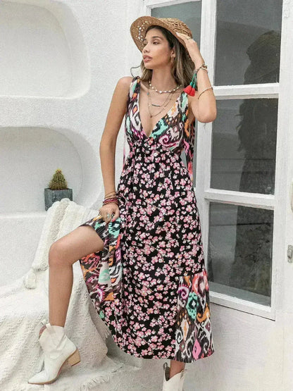 Printed Plunge Midi Dress | Sleeveless Tied Waist | Polyester