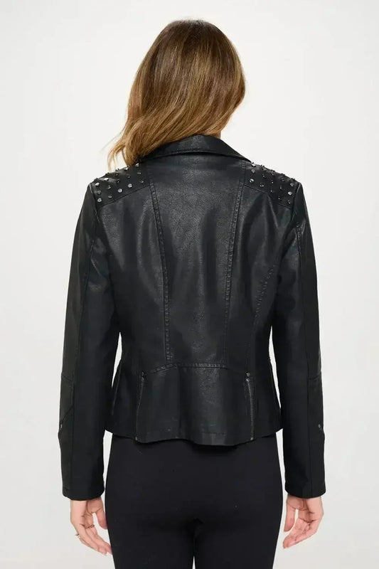 Studded Moto Jacket - Vegan Leather Outerwear | Femstylo