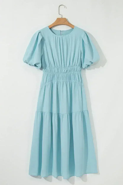 Light Blue Puff Sleeve High Waist Flowy Midi Dress