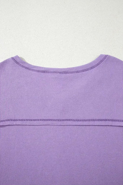 Blue Exposed Seam Drop Sleeve V Neck Waffle Textured Top