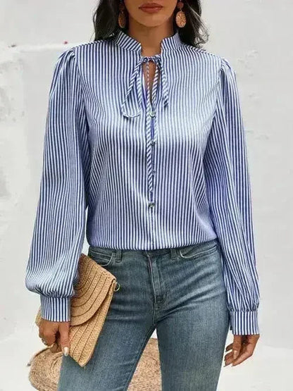 Striped Tie Neck Long Sleeve Blouse – Femstylo