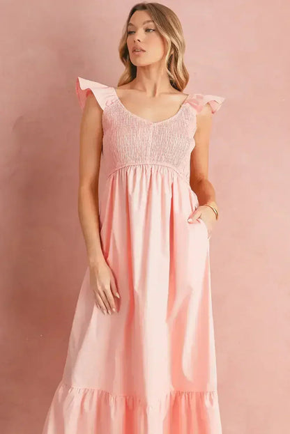 Black V Neck Flutter Sleeve Smocked Bodice High Waist Ruffle Maxi Dress