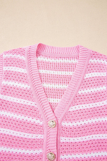 Sky Blue Striped V Neck Button Knit Vest