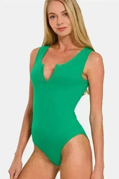 Microfiber Notched Neck Sleeveless Bodysuit - Femstylo