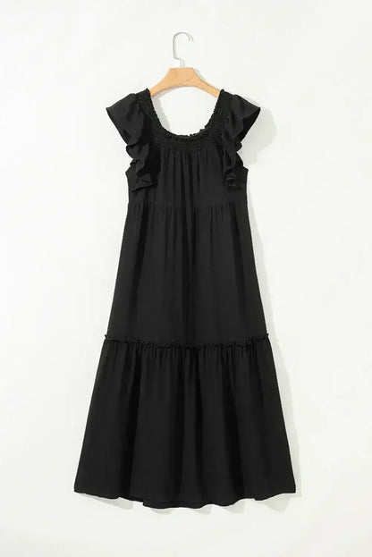 Purple Ruffled Flutter Sleeve Square Neck Textured Tiered Maxi Dress