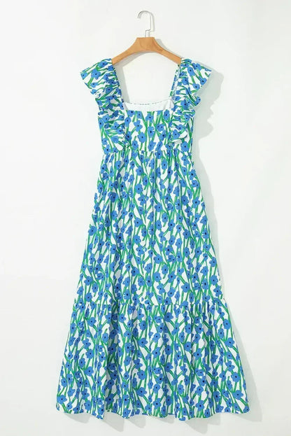 Pink Floral Print Square Neck Ruffled Strap Maxi Dress