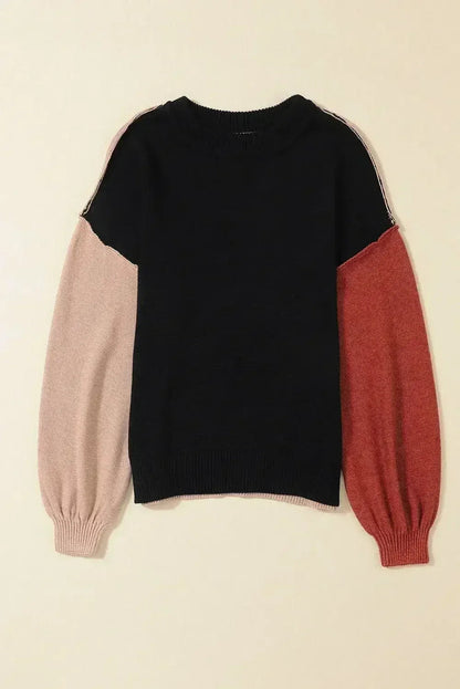 Colorblock Bishop Sleeve Sweater - Ribbed Trim | Femstylo