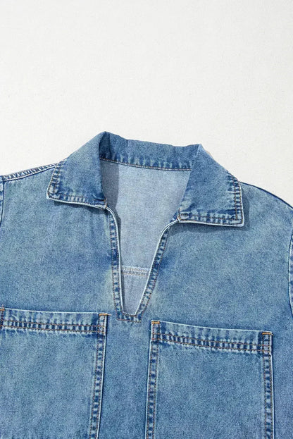 Beau Blue Short Sleeve Collared Chest Pocket Denim Mini Dress