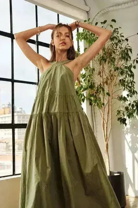 Crisscross Strap Cotton Midi Dress - Adjustable Drawstring Design | Femstylo