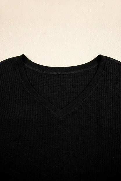 White Waffle Texture V Neck Drop Shoulder Loose Tee