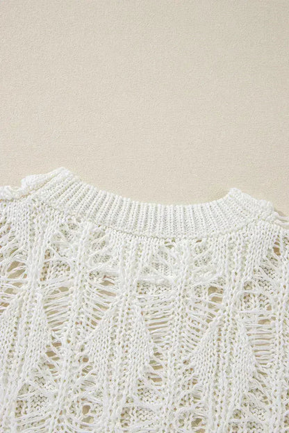 White Crochet Crew Neck Sweater - Loose Fit & High Elasticity | Femstylo