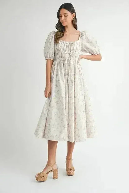 MABLE Floral Drawstring Detail Puff Sleeve Midi Dress