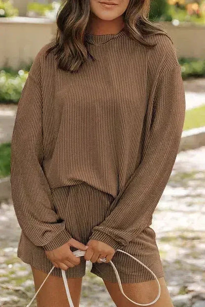 Parchment Corded Knit Long Sleeve Top and High Waist Shorts Set