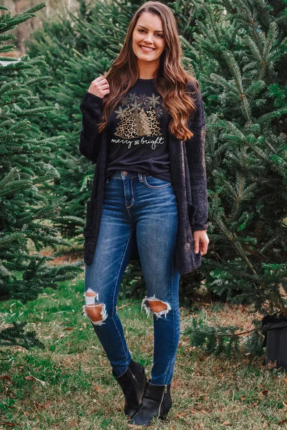 White Leopard Christmas Tree Graphic Tee – Festive & Fierce Crewneck