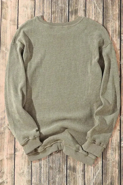 Green Ribbed Knit Sweatshirt - Round Neck Pullover | Femstylo